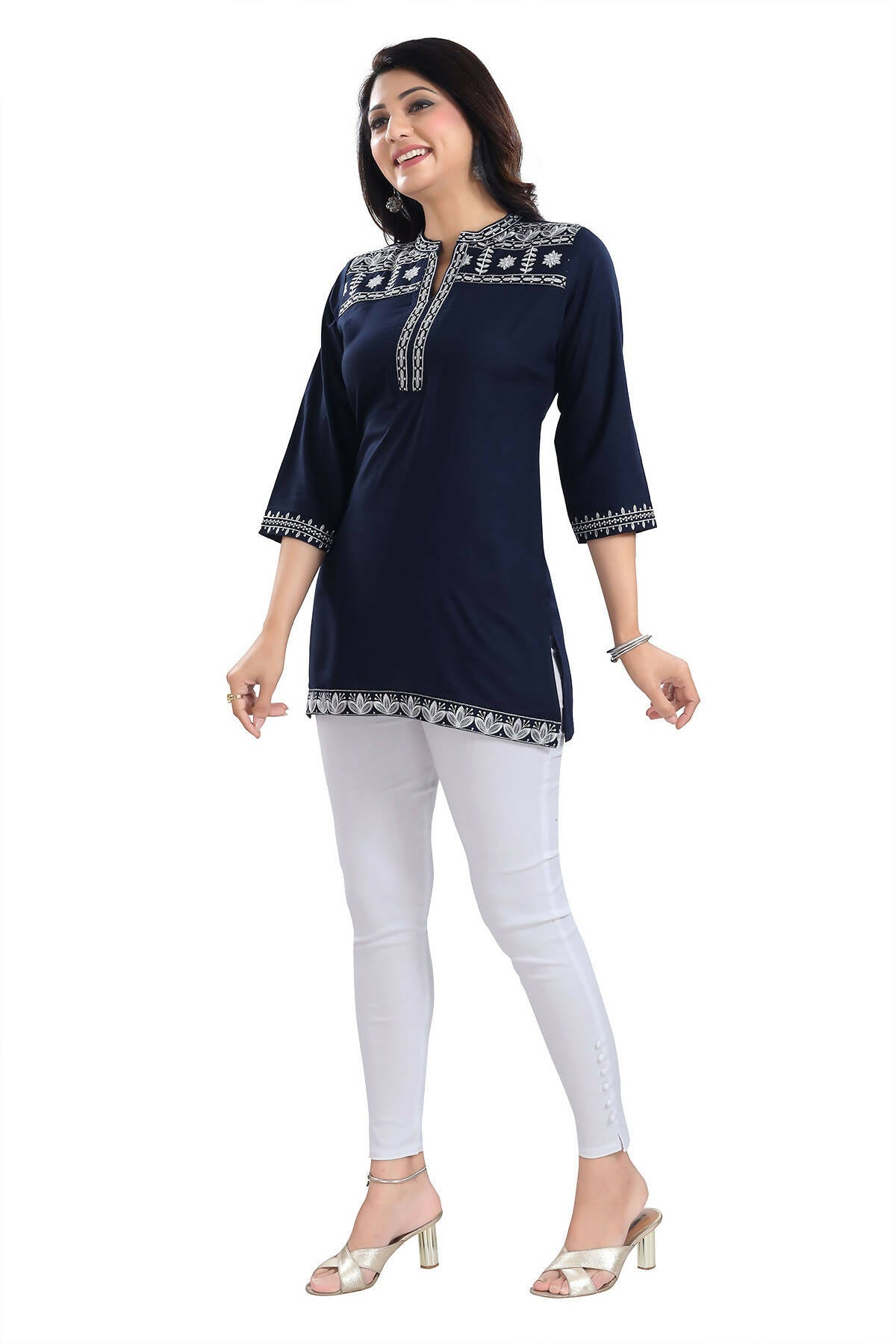 Snehal Creations Novel Navy Blue Women Embroidered Boho Chic Tunic Top | Grocsy