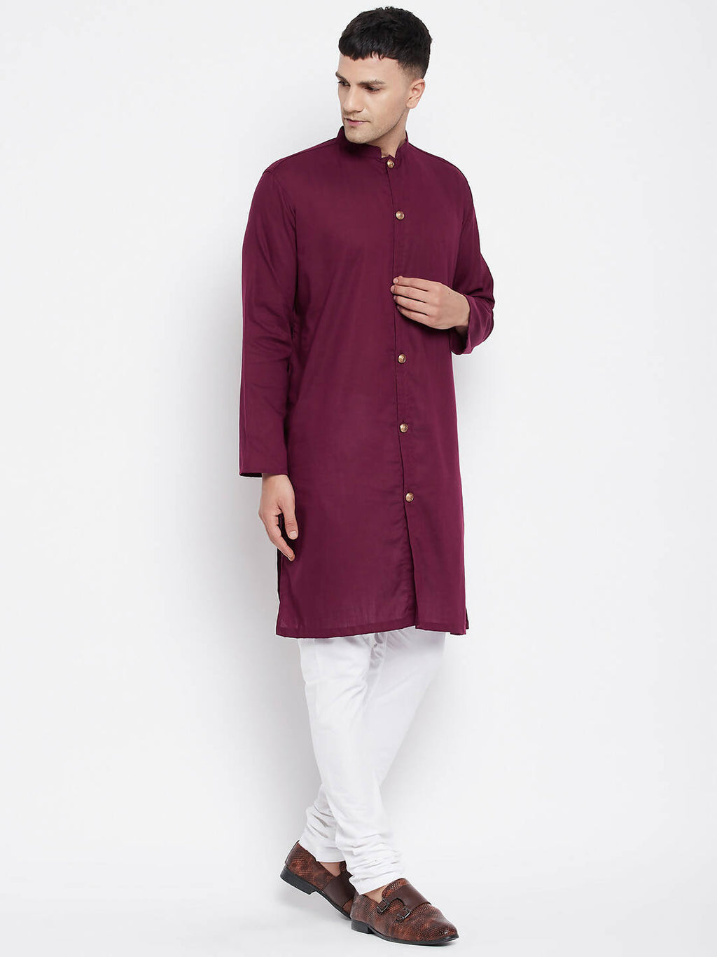 Even Apparels Maroon Pure Cotton Men's Sherwani Kurta With Open Front | Grocsy
