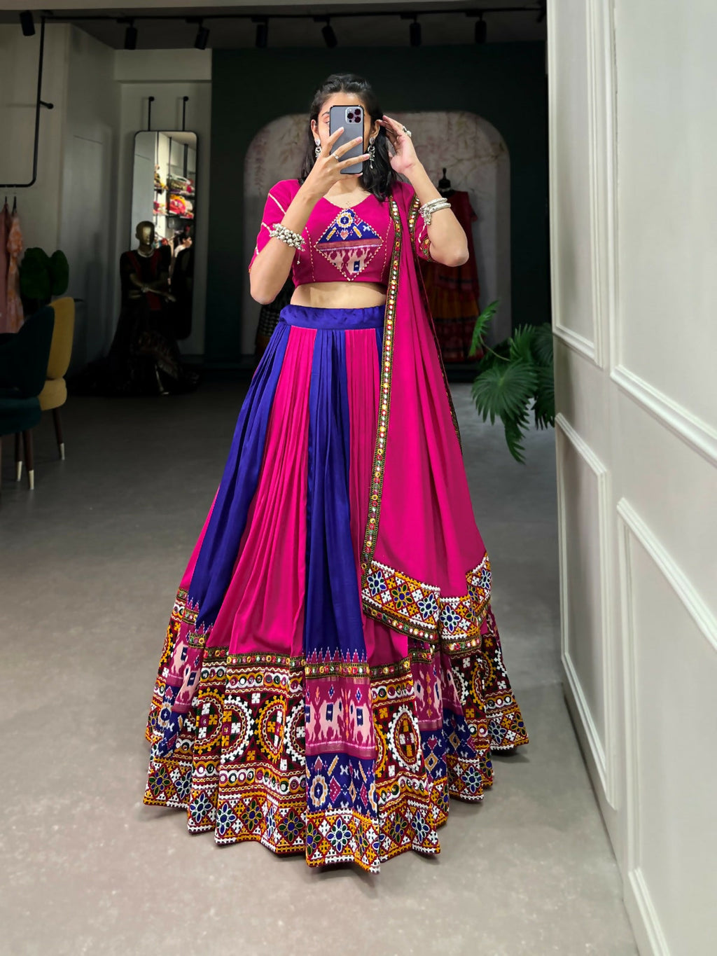 Vastranavya Navaratri Special Rayon with Printed Patch With Gota Patti And Paper Mirror Work And Cowrie (Kodi) Lace Touch Up Lehenga with Stitched Blouse - Royal Blue | Grocsy