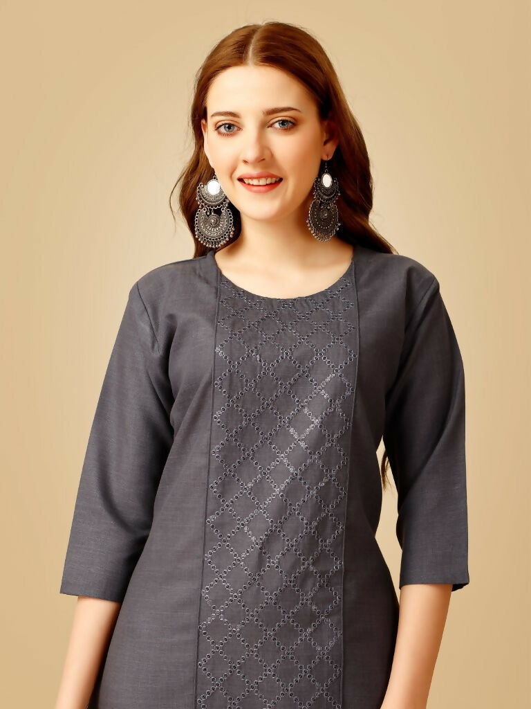 Jyoti Fashion Women's Grey Cotton Blend Embroidered Kurta Pant Set | Grocsy