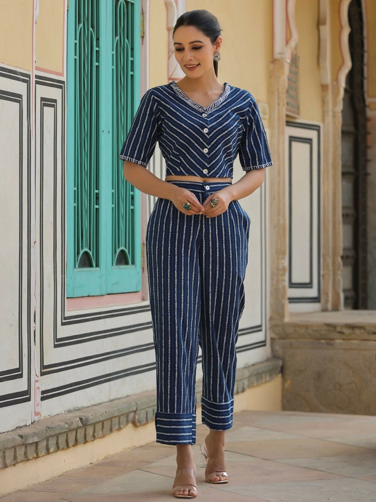 Juniper Navy blue Striped Printed cotton flex Crop Top & Pants Set With Thread Work | Grocsy