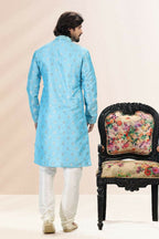 Raivat Ethnic Jacquard Banarasi Silk Pintux Work Kurta Pajama In Blue Colour | Grocsy