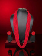Inhanns Rangsaaz 20-Layer Luxe Long Beaded Necklace (With Optional Statement Earrings) - Red With Earring | Grocsy