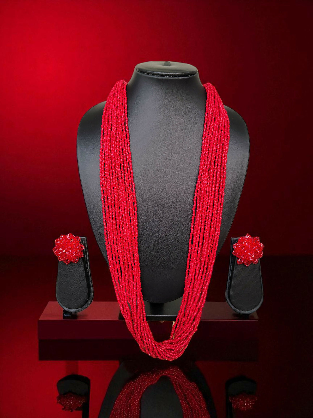 Inhanns Rangsaaz 20-Layer Luxe Long Beaded Necklace (With Optional Statement Earrings) - Red With Earring | Grocsy