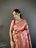 Joban Fashion Peach Flower Jall Pattern Soft Silk Banarasi Saree | Grocsy