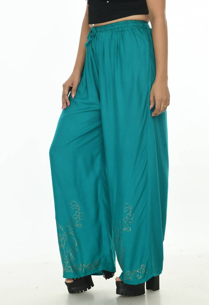 Mominos Fashion Moeza Reyon Cotton Rama Green Color Sirsoki Work Palazzo | Grocsy