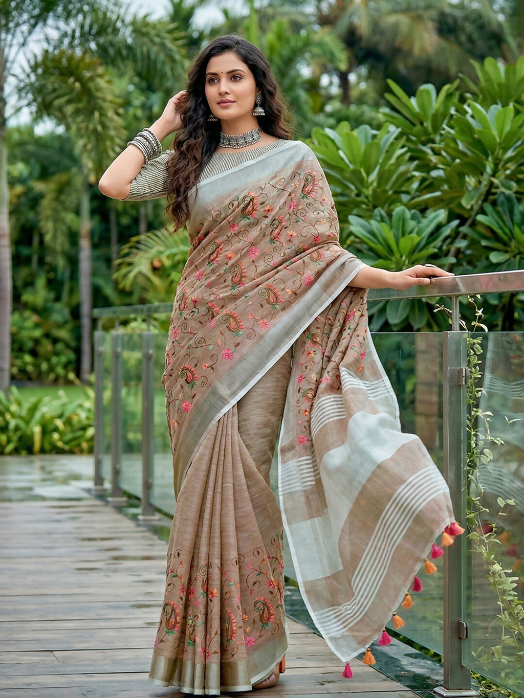 Shree Shyam Fashion Brown Linen Saree | Grocsy
