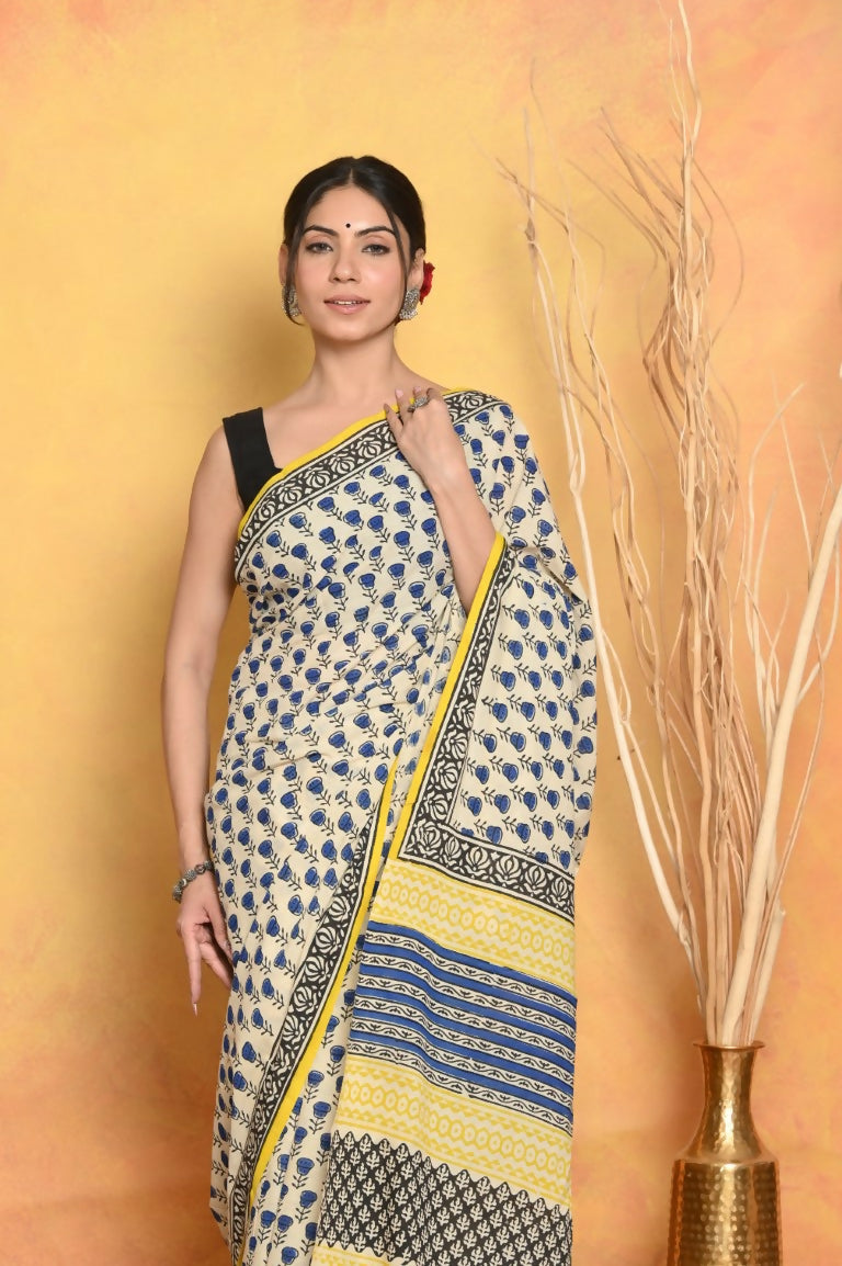 Very Much Indian Handblock Printed Cotton Saree With Natural Dyes - White | Grocsy