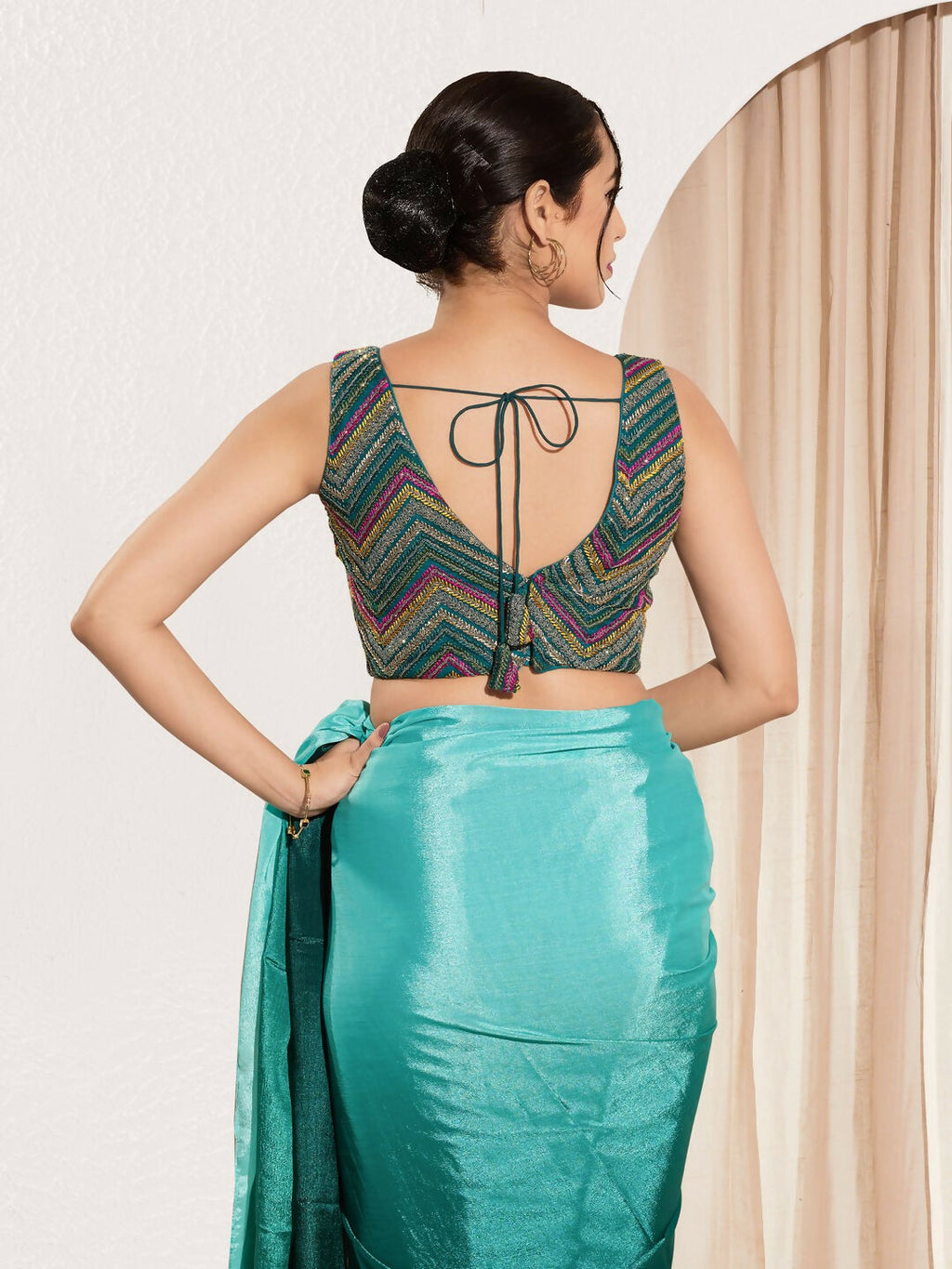 Joban Fashion Cobalt Blue Net Padded Blouse With V Neck Sleeveless | Grocsy