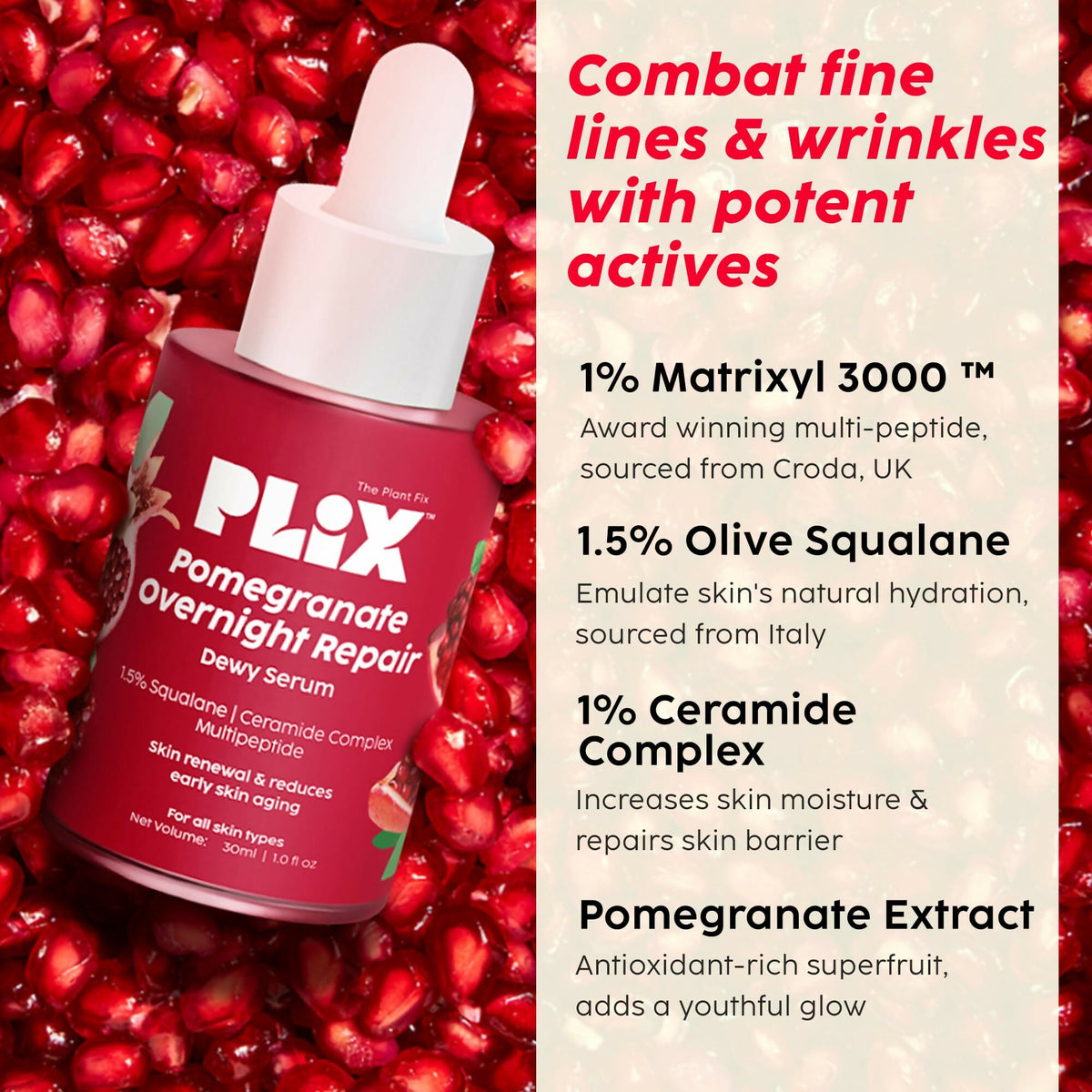 PLIX The Plant Fix Pomegranate Overnight Repair Dewy Serum - Reduce Fine Lines & Wrinkles | Grocsy
