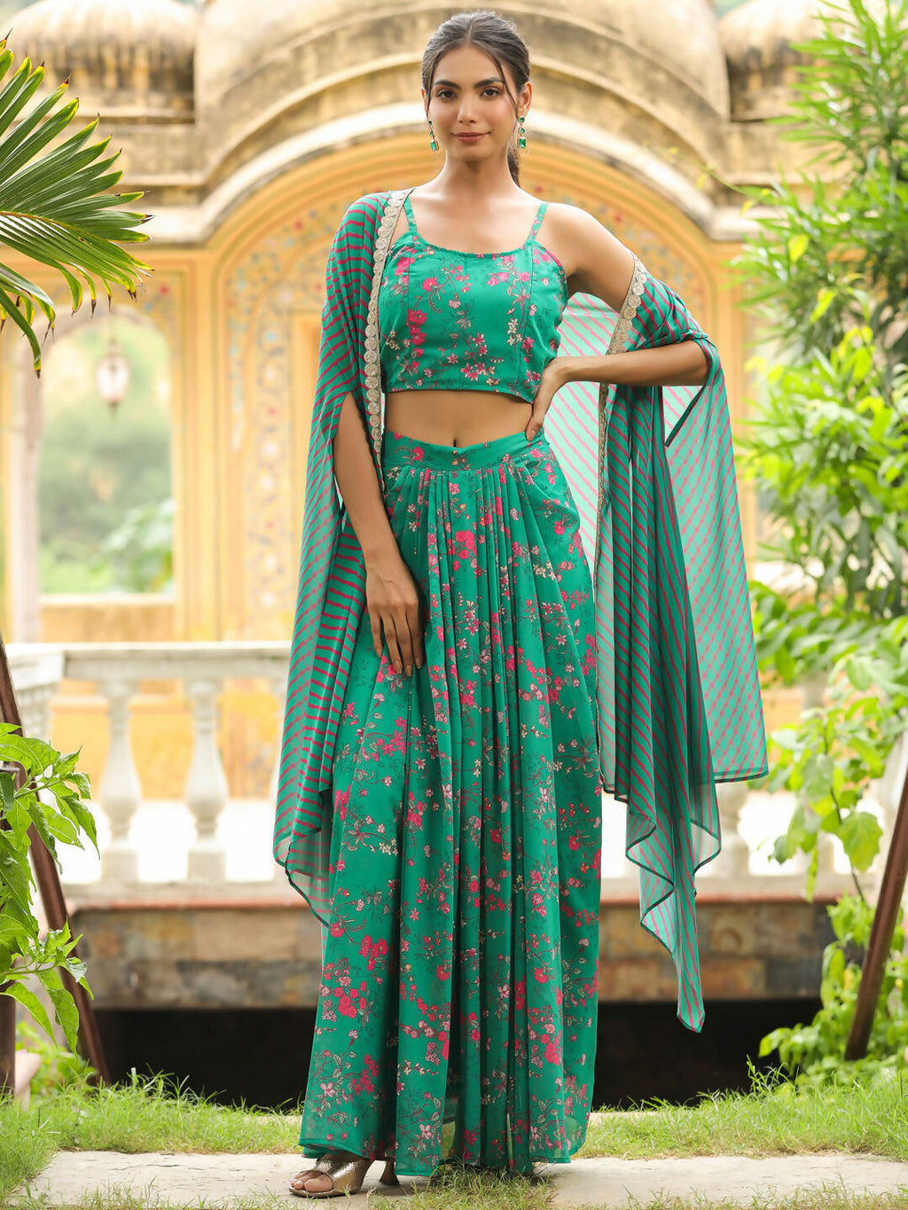 Janasya Green Georgette Floral Top Bottom Cape | Grocsy