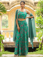 Janasya Green Georgette Floral Top Bottom Cape | Grocsy