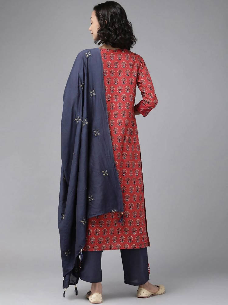 Yufta Women Red Pure Cotton Handblock Print Kurta with Trouser & Dupatta | Grocsy