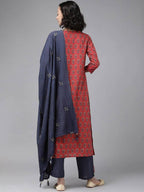 Yufta Women Red Pure Cotton Handblock Print Kurta with Trouser & Dupatta | Grocsy
