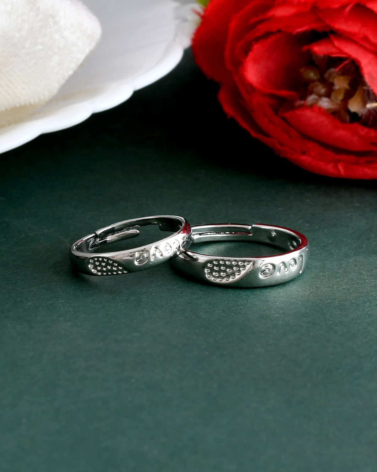 VOJ Stainless Steel Cubic Zirconia Silver Plated Adjustable Ring Set for Couple | Grocsy