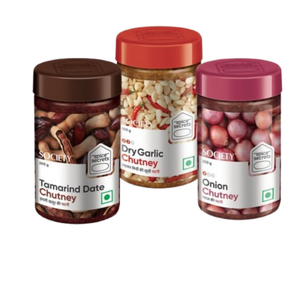 Society Onion Chutney & Dry Garlic Chutney & Tamarind Date Chutney Combo | Grocsy