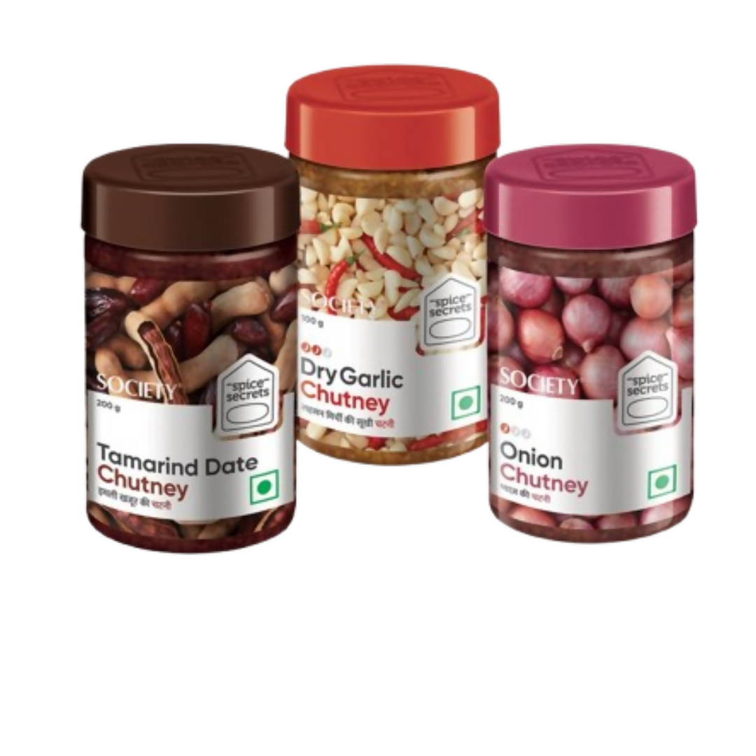 Society Onion Chutney & Dry Garlic Chutney & Tamarind Date Chutney Combo | Grocsy