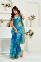 Vastranavya Aqua Blue Digital Printed Linen Ready To Wear Designer Saree with Unstitched Blouse | Grocsy