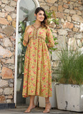 Kaajh Women's Mustard Printed Cotton Handblock Dress | Grocsy