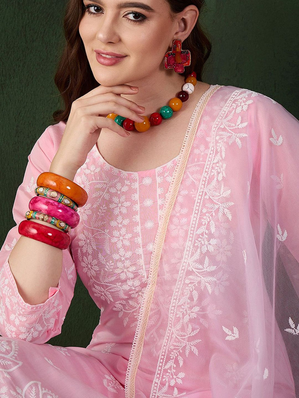 Sangria Pink and White Floral Embroidered Thread Work Cotton Kurta & Trouser With Dupatta | Grocsy