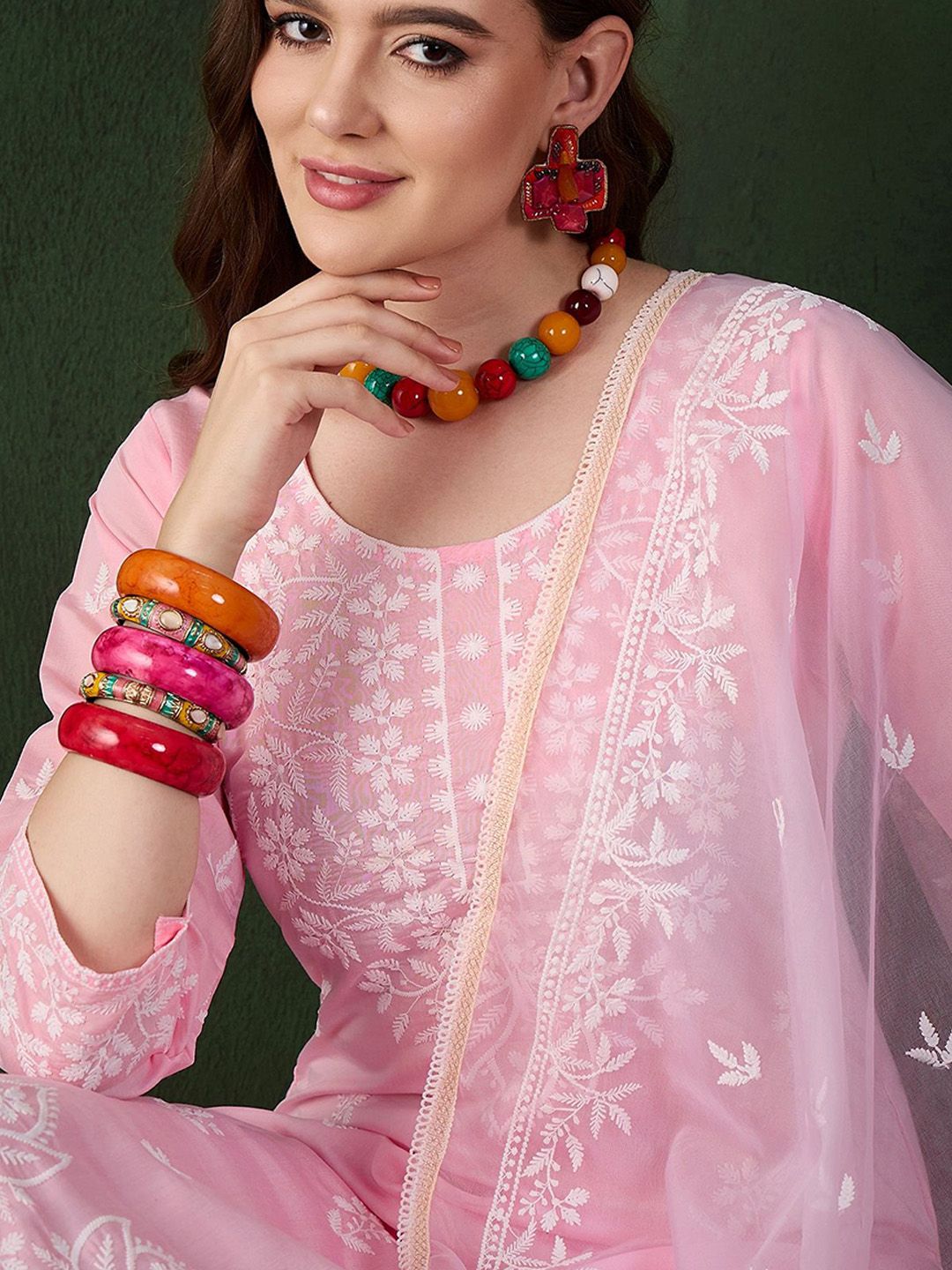 Sangria Pink and White Floral Embroidered Thread Work Cotton Kurta & Trouser With Dupatta | Grocsy