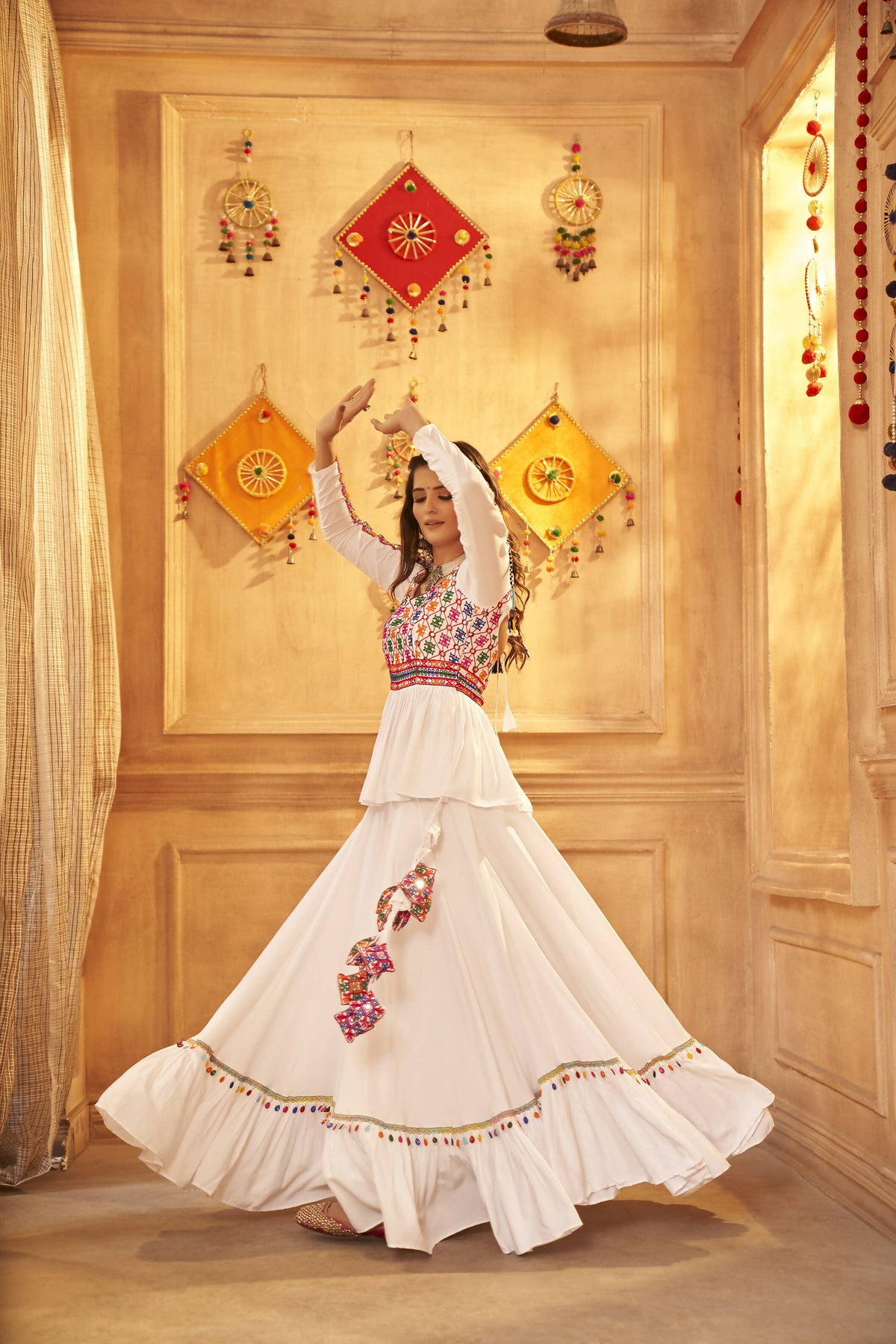 White Viscose Rayon Navratri Lehenga Choli With Dupatta - Raas | Grocsy