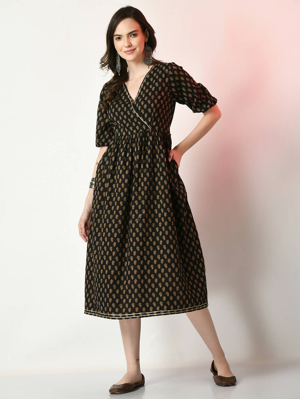 Myshka Women's Black Floral Printed Empire Dress | Grocsy