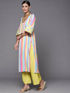 Ahalyaa Women Neon Green & Blue Candy Striped Kurta with Palazzos | Grocsy