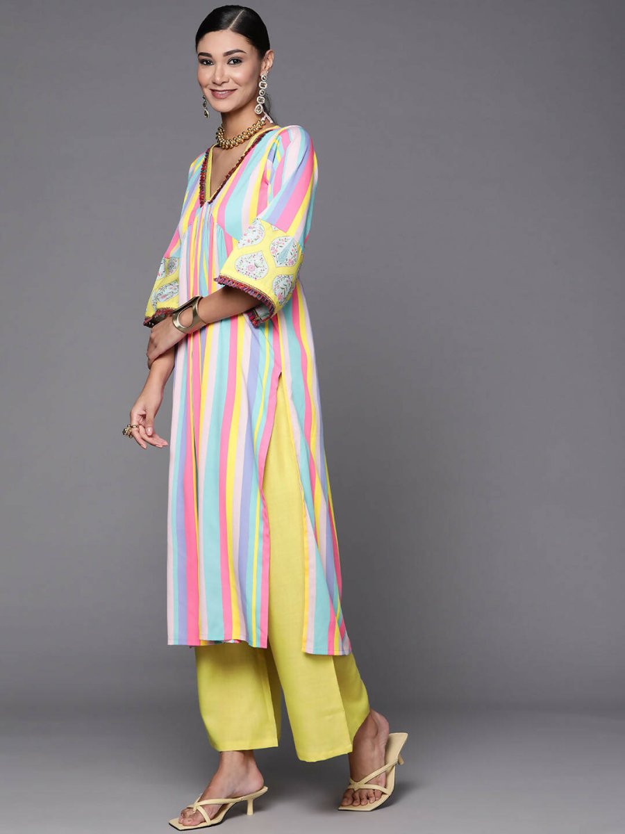 Ahalyaa Women Neon Green & Blue Candy Striped Kurta with Palazzos | Grocsy