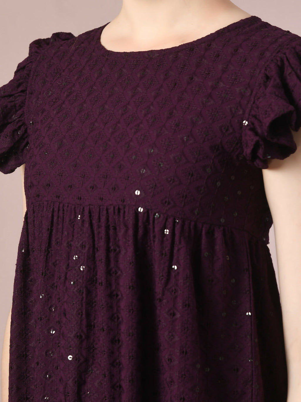 Myshka Women's Violet Embroidered Cotton Round Neck A-Line Party Dress | Grocsy