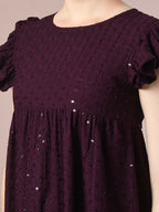Myshka Women's Violet Embroidered Cotton Round Neck A-Line Party Dress | Grocsy