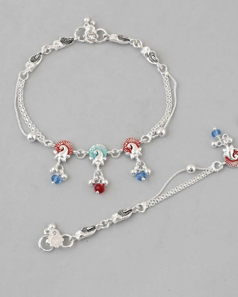 VOJ Set of 2 Silver Plated Peacock Shaped Multi Color Anklet | Grocsy