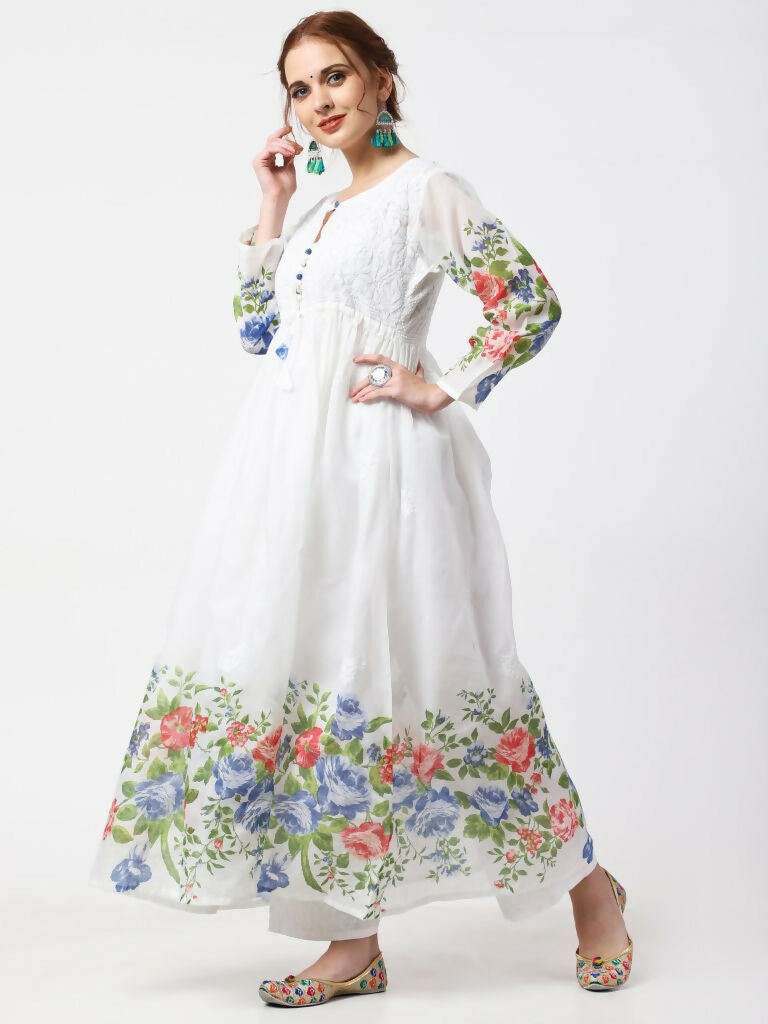 Cheera Women Stylish Hand Chikenkari And Digital Printe Cotton Organza Flared Anarkali Kurta - White | Grocsy