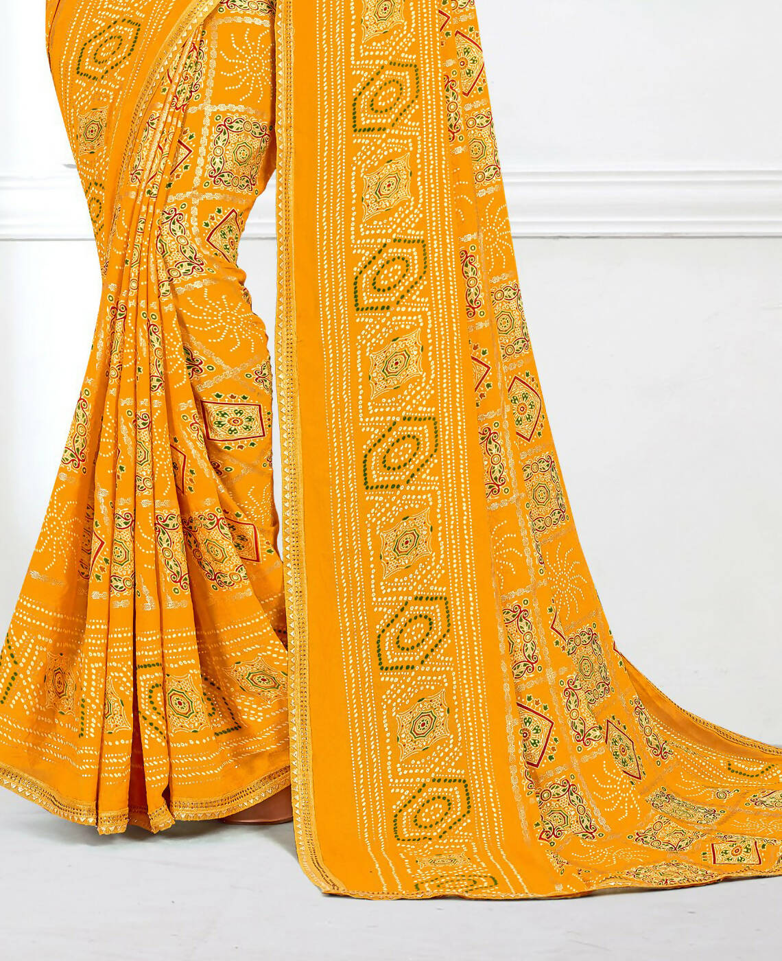 Yellow Georgette Bandhani Printed Saree With Unstitched Blouse Piece - Jyoti | Grocsy