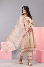 Juniper Women Ecru Muslin Floral Printed Kurta, Pants and Dupatta Set | Grocsy