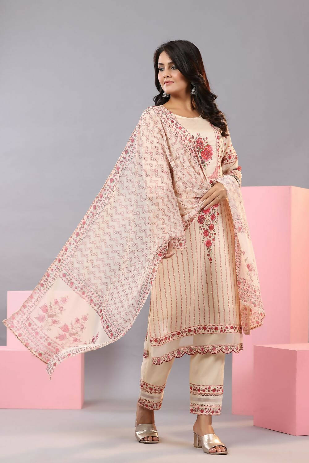 Juniper Women Ecru Muslin Floral Printed Kurta, Pants and Dupatta Set | Grocsy