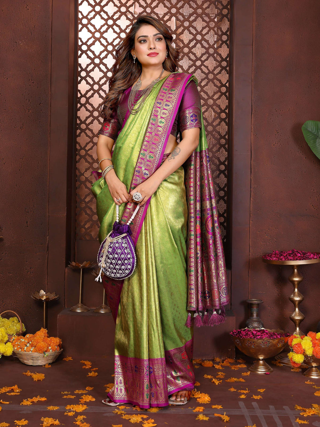 Aastha Fashion Green Tissue Silk Weaving Saree | Grocsy