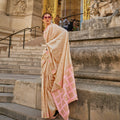Cream Handloom Khaddi Silk Saree With Contrast Pallu & Blouse - Rajtex Khwaab Silk | Grocsy