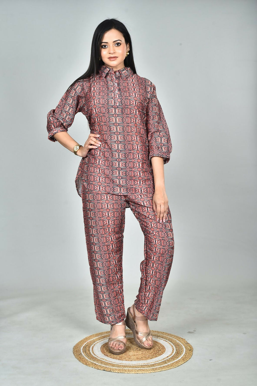 Morchari Digital Print Semi Muslin Co-Ord Set Top & Trouser-Multicolor | Grocsy