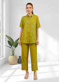 Joban Fashion Green Cotton, Linen Embroidered Readymade Cord Set | Grocsy