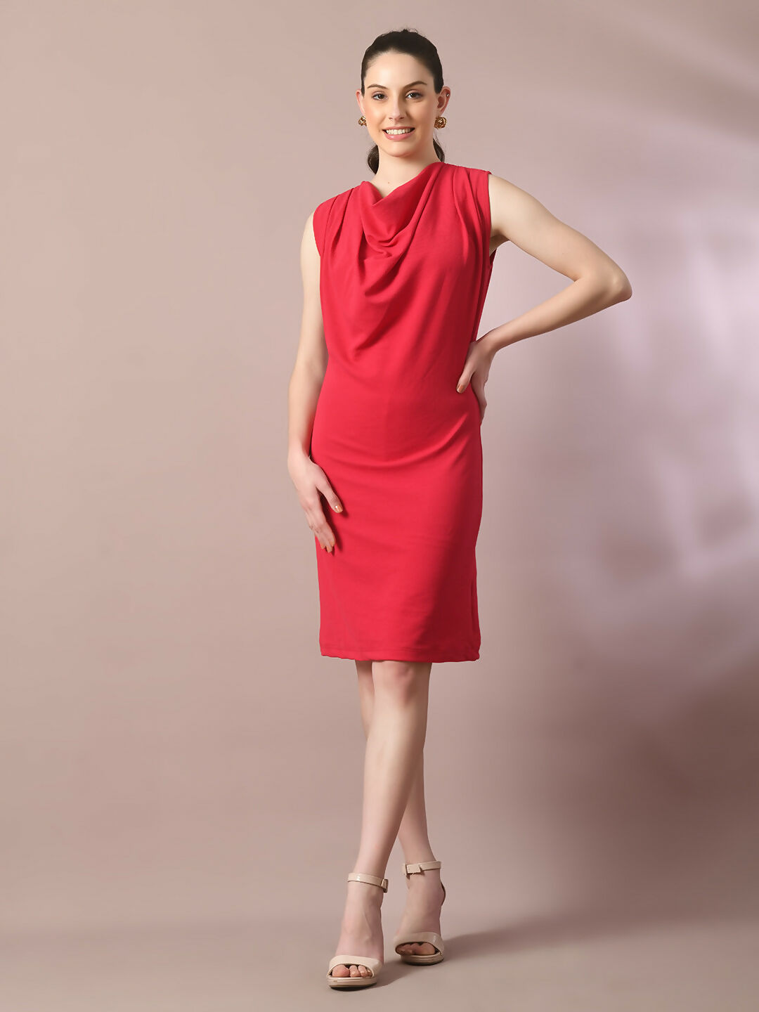 Myshka Women's Pink Solid Cowl Neck Bodycon Party Dress | Grocsy