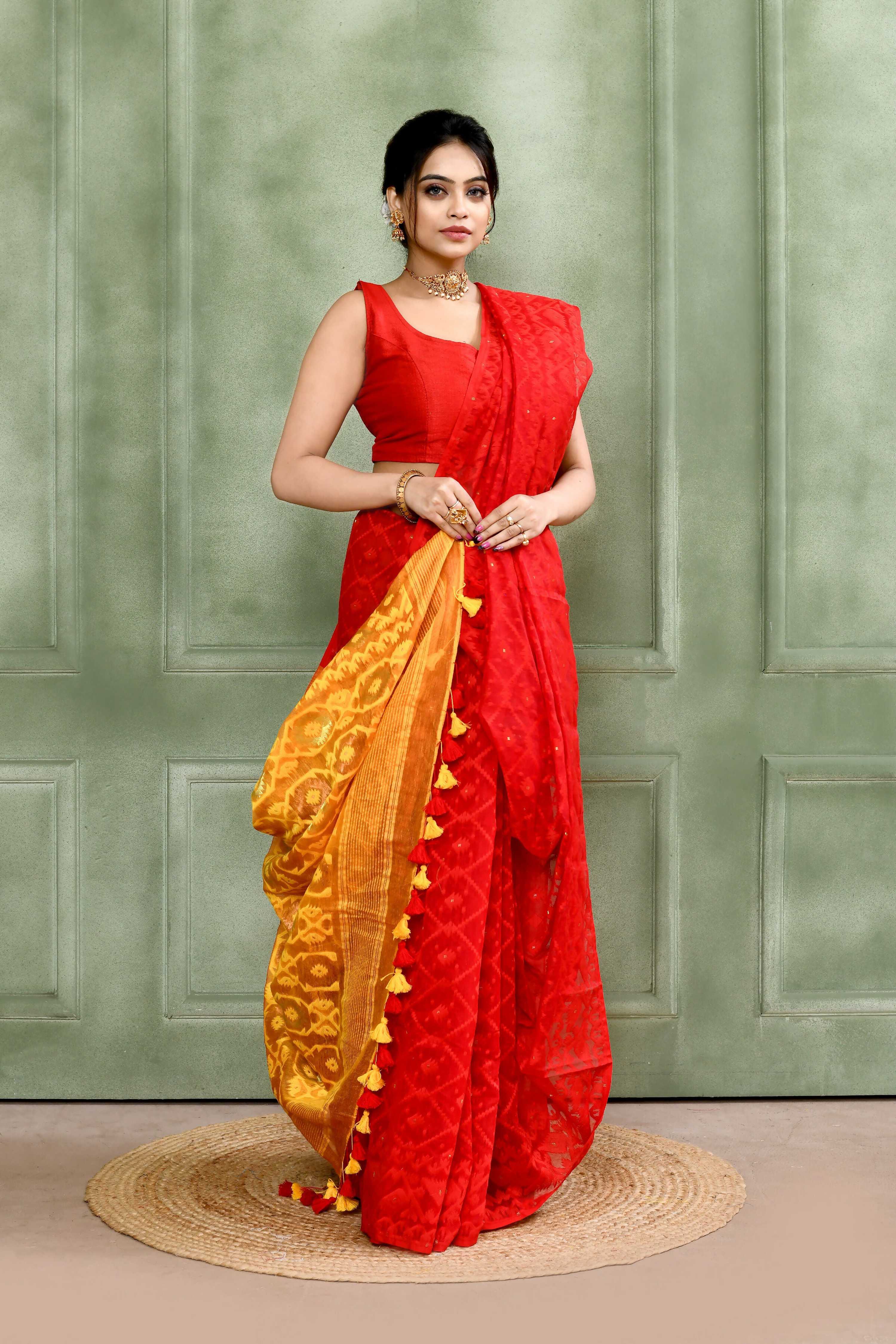 Piyari Fashion Women's Red Embellished Cotton Blend Jamdani Saree | Grocsy