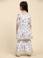 Alakhi Studio Girls Floral Georgette Printed Round-Neck Kurta With Sharara - White | Grocsy