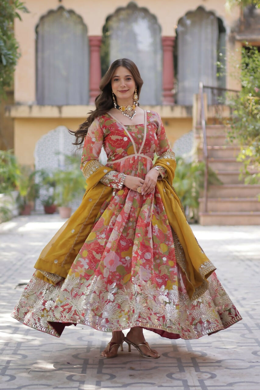 Vastranavya Multicolor Russian Silk Foil Embroidery with Zari Sequins & Digital Printed Gown Dupatta | Grocsy