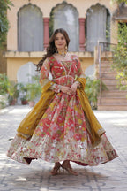 Vastranavya Multicolor Russian Silk Foil Embroidery with Zari Sequins & Digital Printed Gown Dupatta | Grocsy