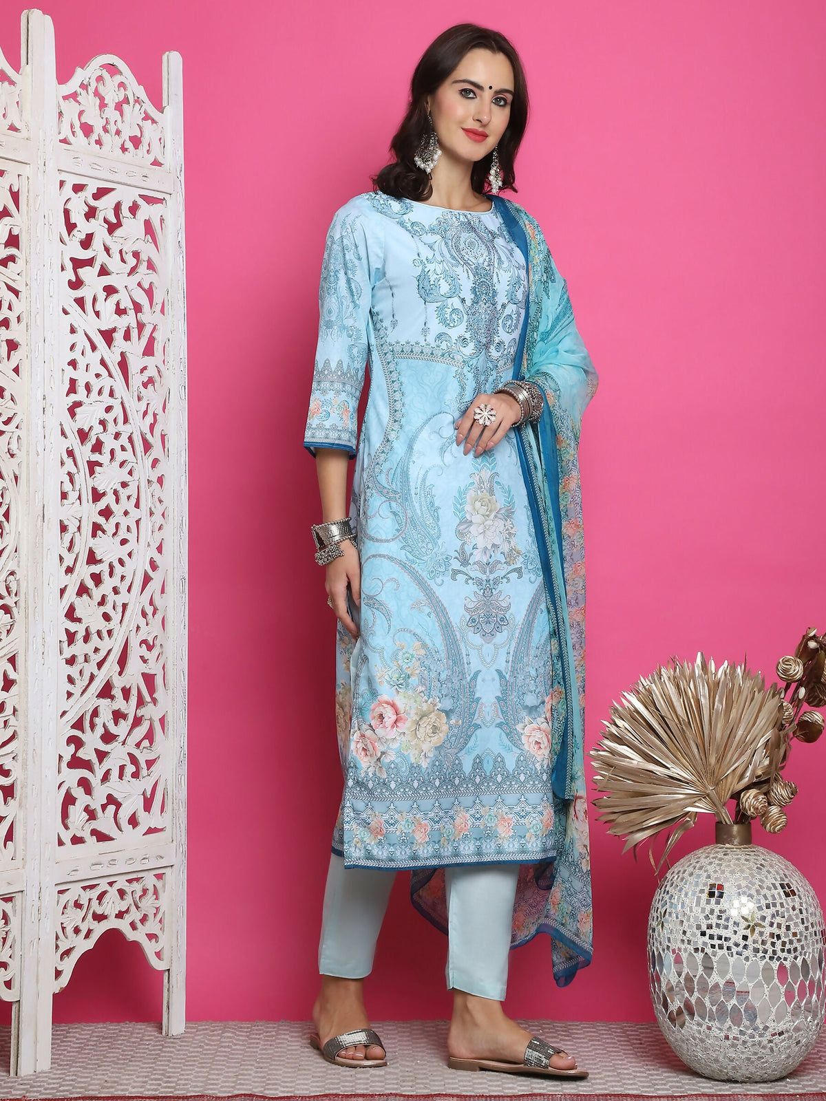 Jyoti Fashion Women's Turquoise Satin Traditional Digital Print with Crystal work Kurta with Trouser & Dupatta | Grocsy