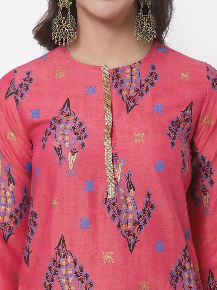 Myshka Women's Pink Printed 3/4 Sleeve Rayon Round Neck Casual Kurta | Grocsy