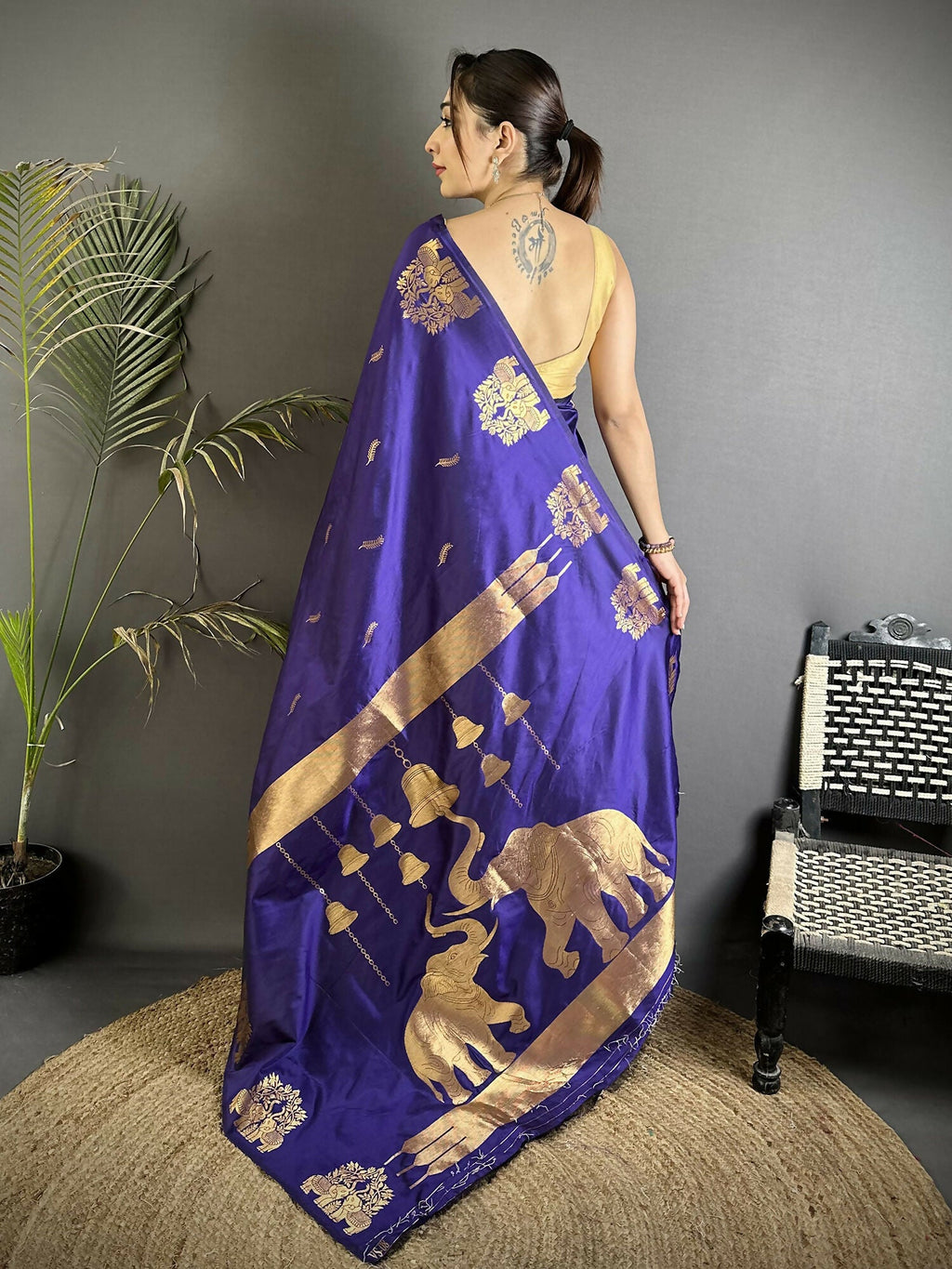 Joban Fashion Violet Motifs Zari Weaving Soft Silk Banarasi Saree | Grocsy