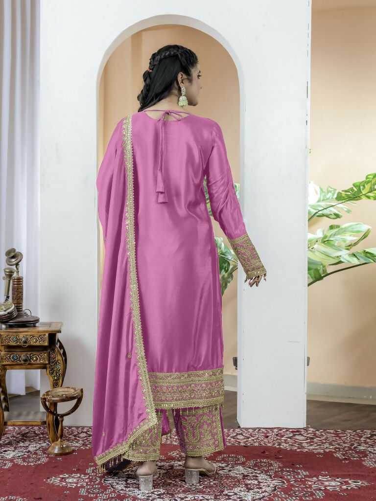 Teeya Creation Baby Pink Color Chinnon Silk Embroidery Work Fully Stitched Salwar Suit | Grocsy