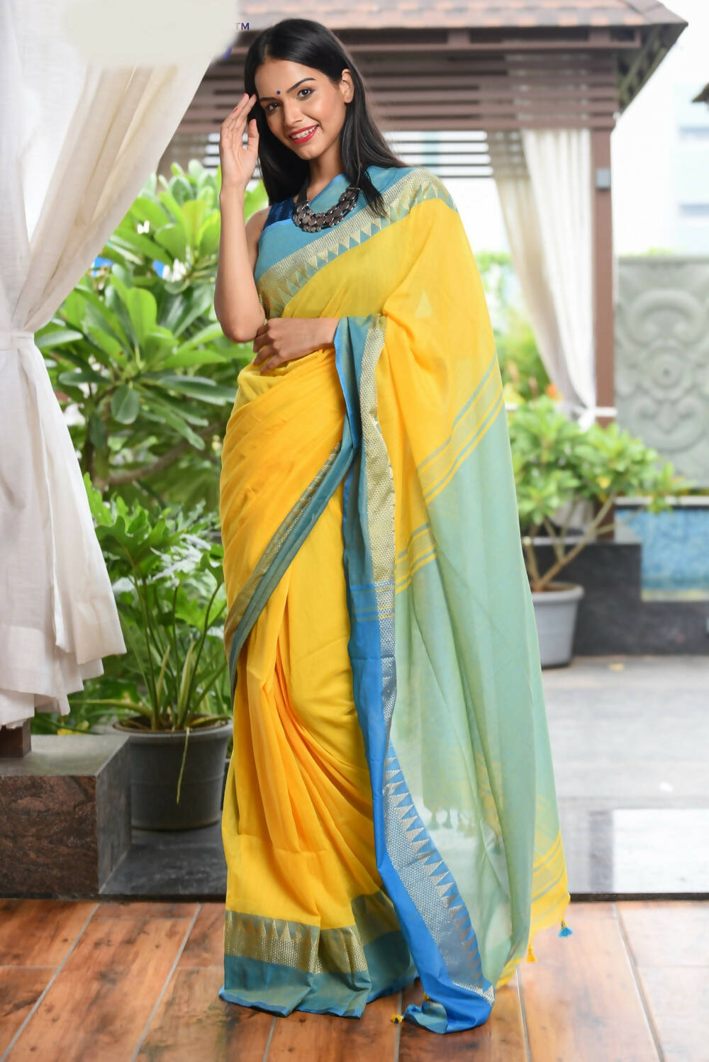 Very Much Indian Pure Cotton Handloom Saree With Intricate Borders - Yellow | Grocsy